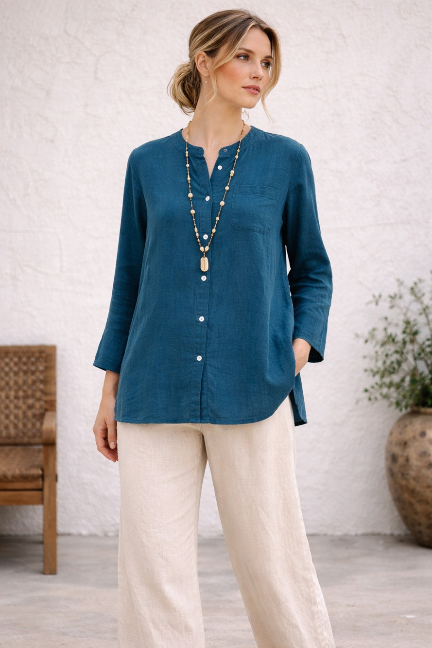 Fridaze 100% Linen Teal Boxy Lagenlook Button Up Shirt Size XS